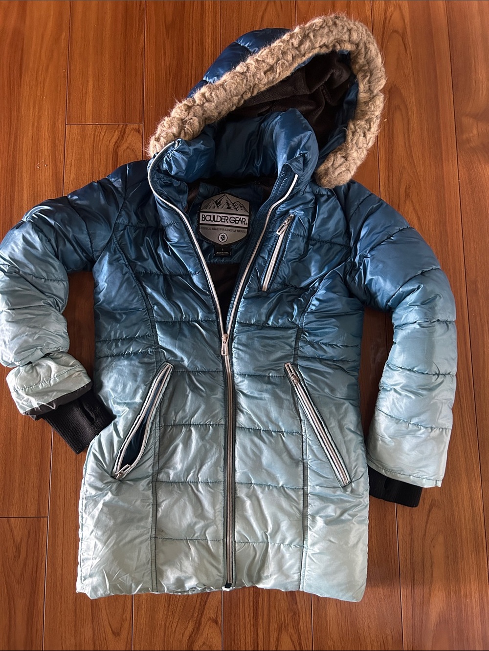 Boulder Gear Women's Ombre Blue Long Puffer Coat with Faux Fur Hood